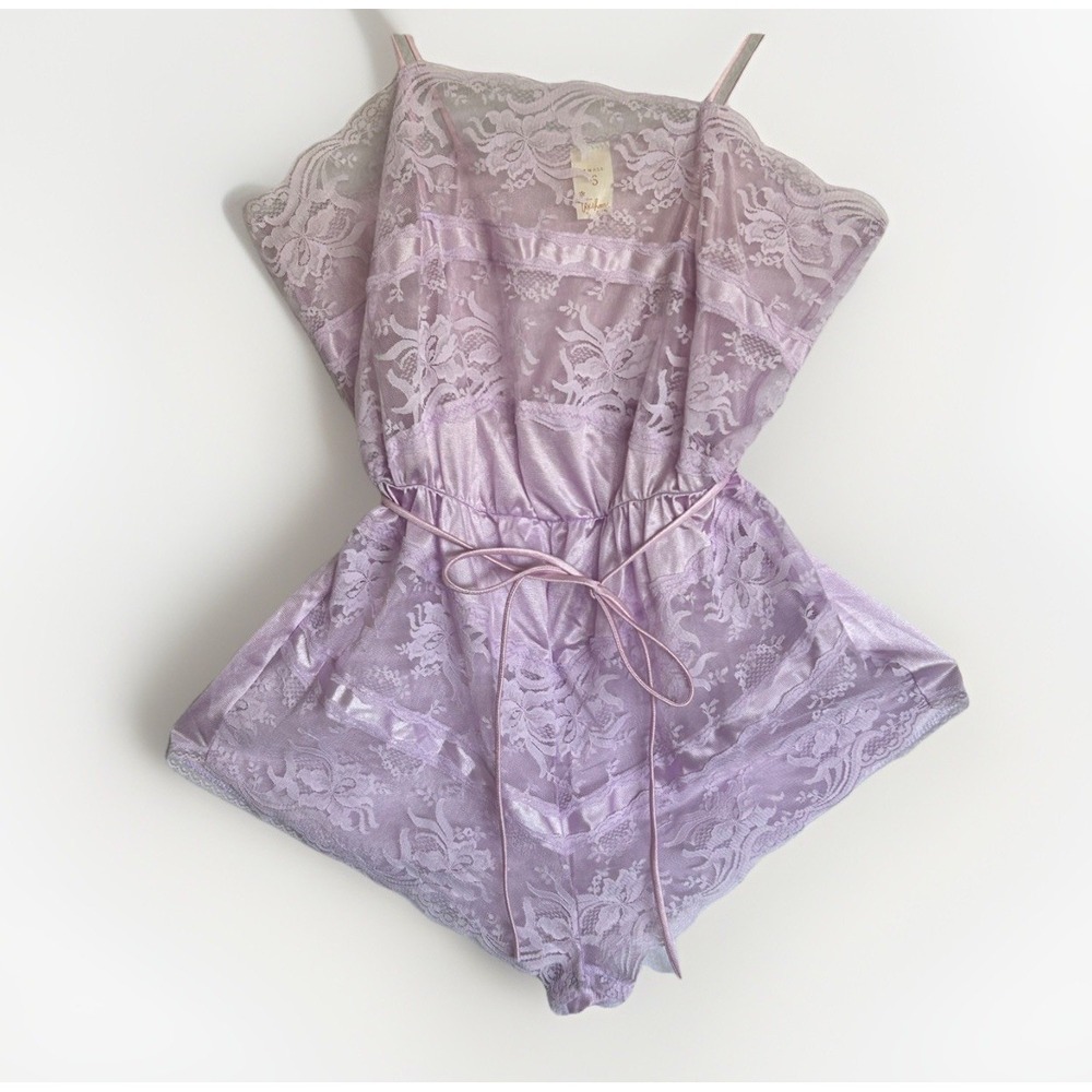 VINTAGE Nylon & Lace Texsheen BODYSUIT Teddy ROMPER LINGERIE Purple Sz S